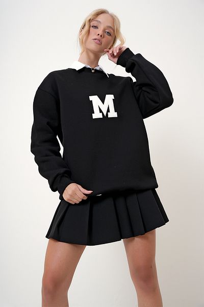 Trend Alaçatı Stili Schwarzes, besticktes Oversize-Sweatshirt – Rundhalsausschnitt, Raster ALC-X12754