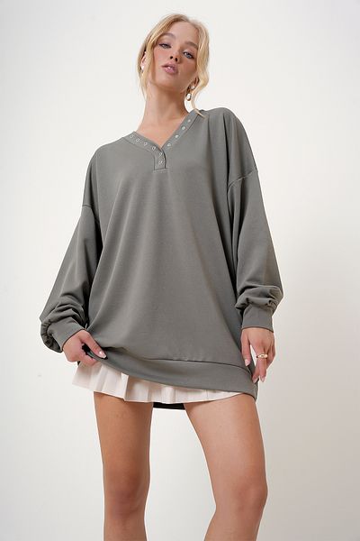Trend Alaçatı Stili Khakifarbenes Oversize-Sweatshirt mit V-Ausschnitt – ALC-X12783