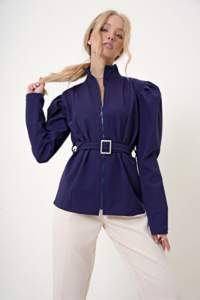 Trend Alaçatı Stili Női sötétkék búvárkabát - hercegnős ujjú, cipzárral és övvel ALC-X12715
