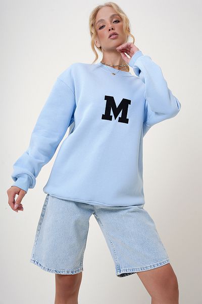 Trend Alaçatı Stili Hanorac oversize cu gât crew brodat albastru - ALC-X12754