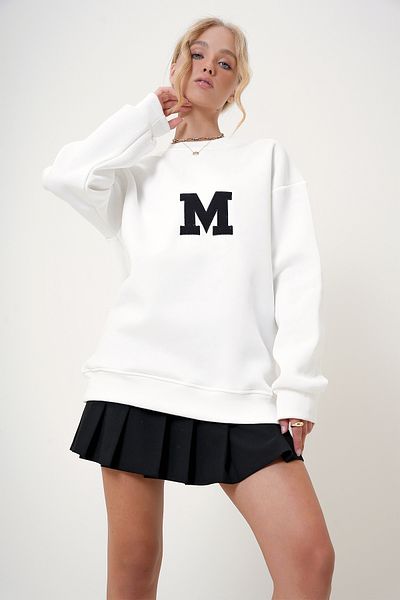 Trend Alaçatı Stili Weißes, besticktes Oversize-Sweatshirt – Rundhalsausschnitt, Raster ALC-X12754