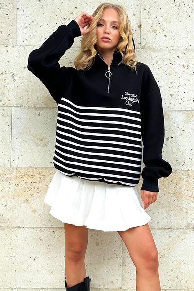 Trend Alaçatı Stili Schwarzes, bedrucktes, erhöhtes Damen-Sweatshirt – Reißverschluss ALC-X12732