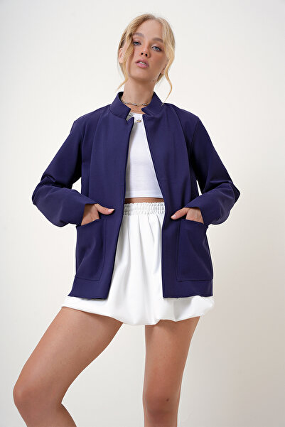 Trend Alaçatı Stili Sötétkék galléros női dzseki - dupla zseb, búvár ALC-X12499