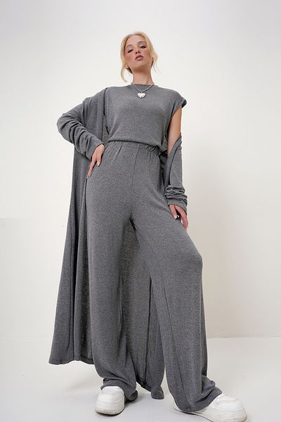 Trend Alaçatı Stili Dark Gray Padded Blouse, Trousers and Cardigan Set for Women - Alc-X4710