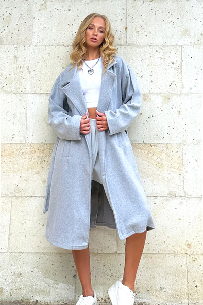 Trend Alaçatı Stili Gray Stamp Coat - Double Pocket, Belt, Unlined Alc-X12777