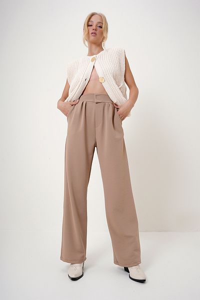 Trend Alaçatı Stili Damen-Palazzo-Hose mit hoher Taille und Klettverschluss, doppelter Tasche – ALC-X10753
