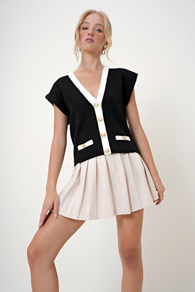 Trend Alaçatı Stili Fekete arany gombos V-nyakú, párnázott mellény - ALC-X12734