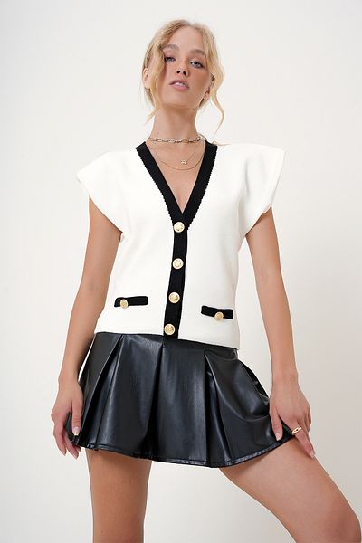 Trend Alaçatı Stili Ecru Women's Blouse - Wide V-Neck, Gold Button Detail, Padded Alc-X12734