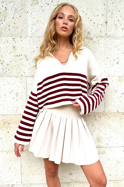 Trend Alaçatı Stili Pulover crop cu gât polo cu dungi bordeaux - ALC-X12689