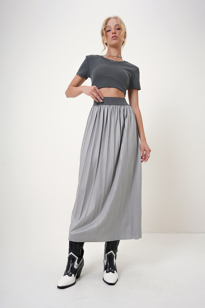 Trend Alaçatı Stili Light Gray Women's Skirt - Elastic Waist, Pleated Alc-X12731