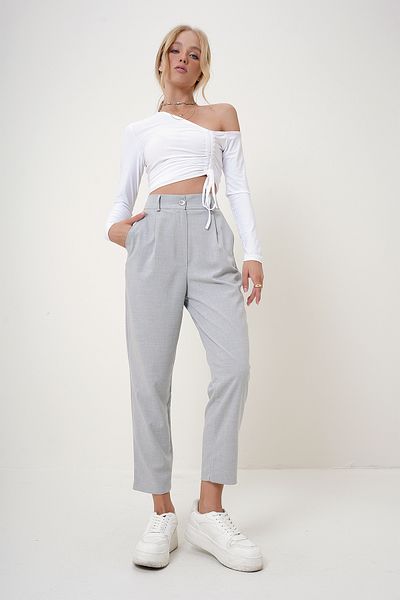 Trend Alaçatı Stili Gray Women's Fabric Trousers with Belt and Stitching Detail - Alc-X12721