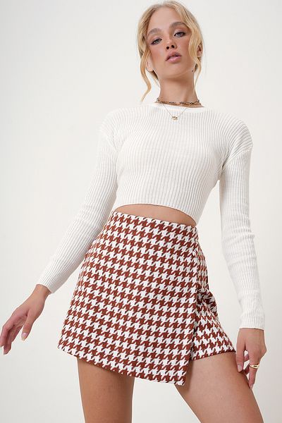 Trend Alaçatı Stili Braun gemusterter Shorts-Rock für Damen – mit Reißverschluss und Taschenklappe ALC-X12770