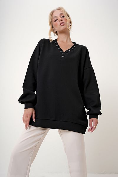Trend Alaçatı Stili Schwarzes Oversize-Sweatshirt mit V-Ausschnitt – ALC-X12783