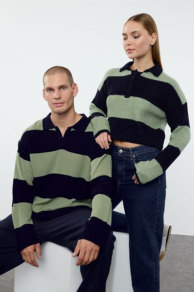 Trendyol Collection Alkalmi páros póló nyakú csíkos kötöttáru pulóver - többszínű TMNAW25KZ00049