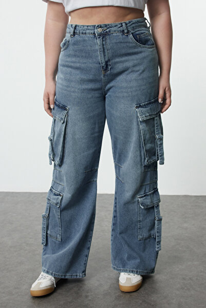 Trendyol Curve Kék széles szárú teherzokni - magas derék - széles szárú farmer TBBSS24CJ00056