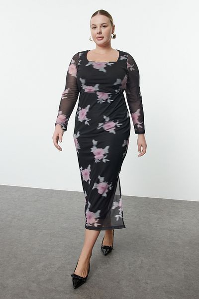 Trendyol Curve Flexible Square Collar - Black Tulle Floral Maxi Pencil Dress