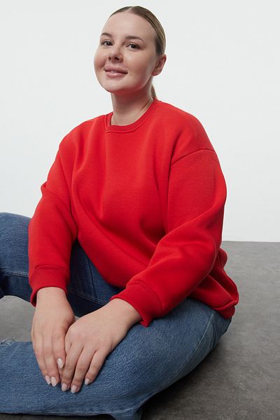 Trendyol Curve Red Oversize Crew NecK Fleece Knitted Sweatshirt