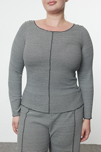 Trendyol Curve Plus Size Black-White Striped Knitted Set - Tbbaw25Cp00018