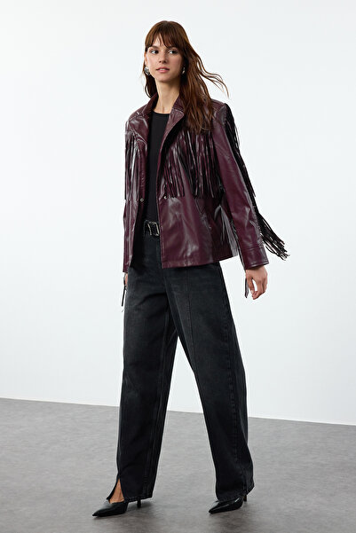 Trendyol Collection Claret Red Faux Leather Coat with Belt and Tassel Detail, Regular Fit Twoaw25Mo00227