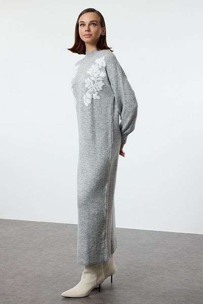 Trendyol Modest Jacquard szürke kötöttáru ruha - állógallér TCTAW25EB00050