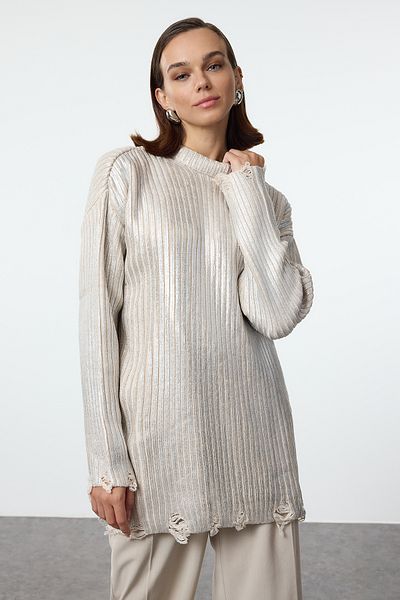 Trendyol Modest Kötött ezüst fóliás pulóver - TCTAW25AK00037