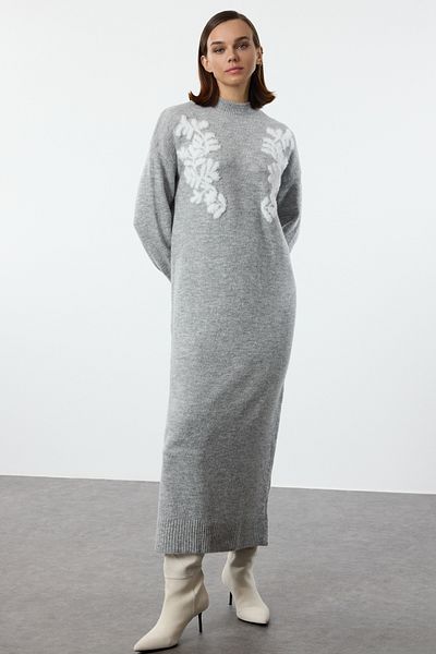 Trendyol Modest Jacquard szürke kötöttáru ruha - állógallér TCTAW25EB00050