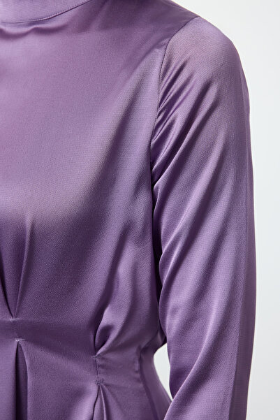 Trendyol Modest Woven Satin Evening Dress - Purple, Pleated Waist Detail TCTSS24DB00074