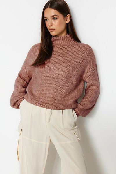 Trendyol Collection Pulover de tricotaj cu gât gros, cu textura moale, Dusty Rose TWOAW24KZ00290