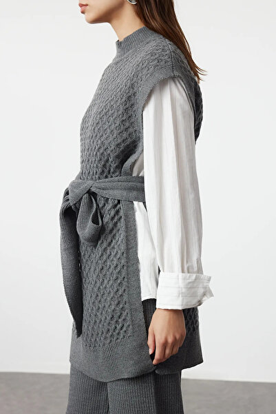 Trendyol Modest Anthracite Belted Brass Knit Škvartica Set Tctaw24Us00045