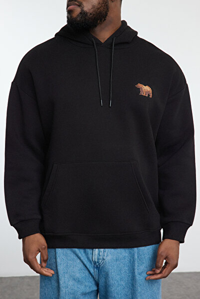 Trendyol Collection Nagy méretű fekete túlméretes/széles szabású kapucnis polár pulóver belül TMNAW25AO00005