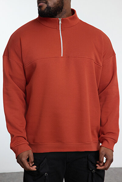 Trendyol Collection Brick Colored Oversize Zippered Sweatshirt - TMNAW25AO00028