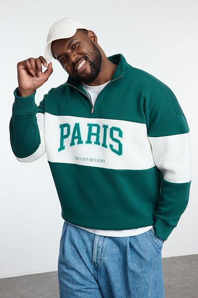 Trendyol Collection Emerald Green Large Size Oversize City Sweatshirt - Stand Collar Tmnaw25Ao00055
