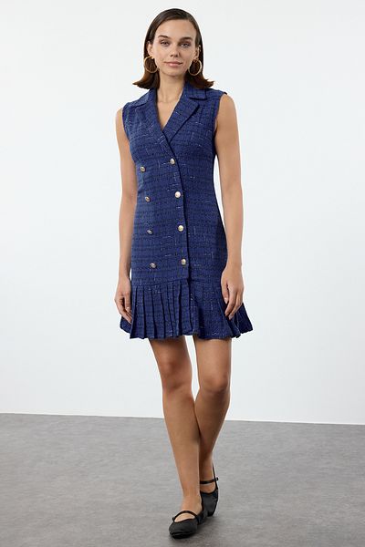 Trendyol Collection Rochie mini jachetă țesătă din tweed - carouri albastre, detaliu plisat în carouri, TWOAW25EL00159