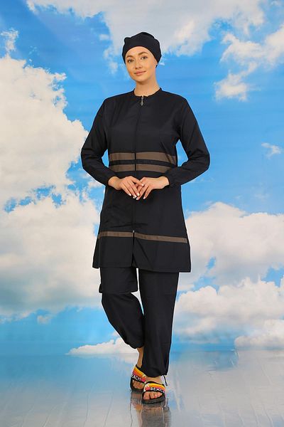 Akbeniz Navy Blue ριγέ Silks Fashion γυναικείο ολόσωμο χιτζάμπ μαγιό - 31061