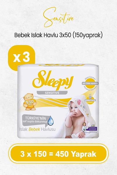 Sleepy Wet Sensitivity Baby Wipes - 3X50X3 Pieces (450 Sheets)