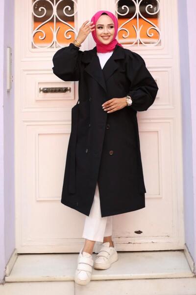 MİSSKAYLE Black Trench Coat - Shoulder Pleated Detail, Model 4429