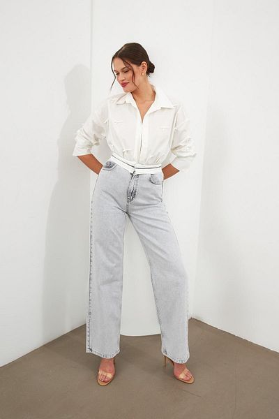 Setre Gray Waist Detailed Loose Cut Jeans