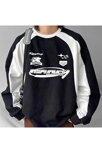 Aesthia MİNGALONDON  Y2K Streetwear Racing Have Baskılı Siyah Unisex Oversize Bisiklet Yaka Sweatshirt
