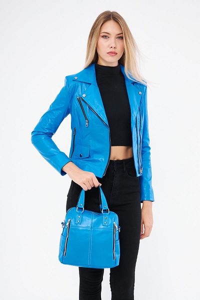 DERİNSS Dr1249 - Women's Blue Genuine Leather Coat and Bag Combination