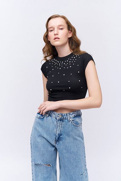 Quzu Black Corded Crop Blouse - with Stone Accessories