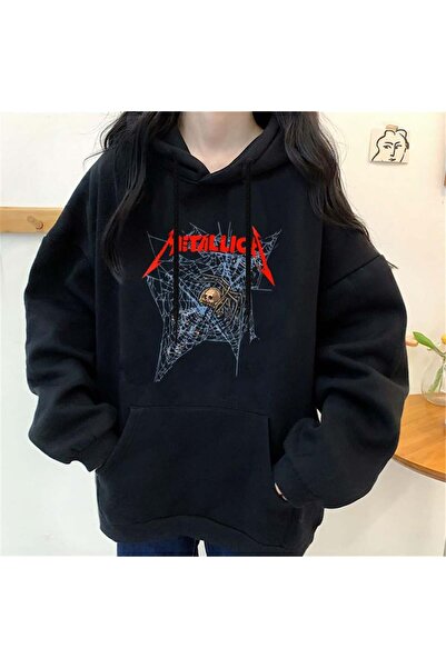 Aesthia Hanorac negru cu glugă supradimensionat unisex cu imprimeu Metallica ...