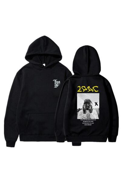 Aesthia MİNGALONDON  2Pac Baskılı Siyah Unisex Oversize Kapüşonlu Sweatshirt
