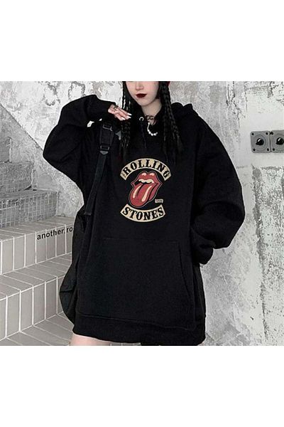 Aesthia MINGALONDON - Унисекс черен суитшърт с качулка и щампа Rolling Stones