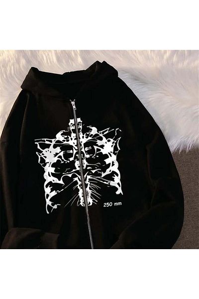 Aesthia MINGALONDON - Unisex Black Cardigan, Aesthetic Skeleton Printed, Oversize Hoodie με φερμουάρ