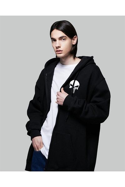 Aesthia Punisher Printed Black Oversize Unisex Ζακέτα με κουκούλα - Με φερμουάρ