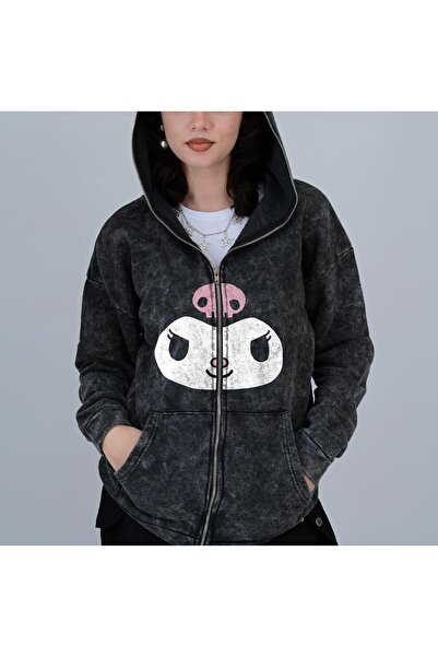 Aesthia Mingalondon - Unisex Oversize Hooded Cardigan, Kuromi Face Printed, V...