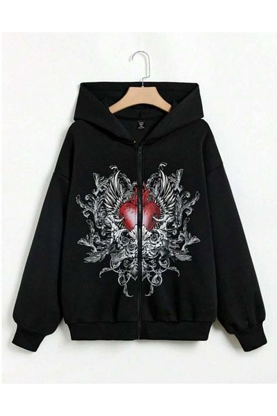 Aesthia MINGALONDON Gothic Heart Printed - Unisex Oversize Black Hooded Cardigan
