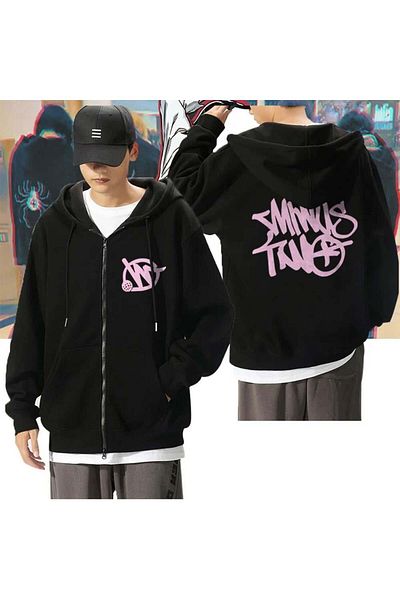 Aesthia MINGALONDON Μαύρη Unisex Oversize Ζακέτα με κουκούλα - εμπρός και πίσω στάμπα με φερμουάρ