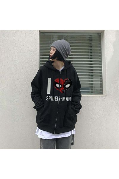 Aesthia Ζακέτα MINGALONDON Black Spider-Man με στάμπα Unisex Oversize με κουκούλα