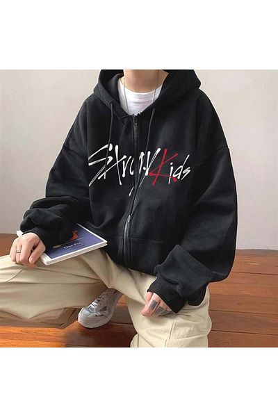 Aesthia Stray Kids Printed - Unisex Μαύρη Oversize Ζακέτα με κουκούλα